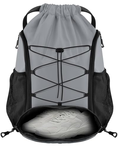 BROTOU Soccer Bags, Football Backpack, Volleyball Bag, Drawstring Soccer Backpack with Ball and Shoe Compartment - color: Silver Gray