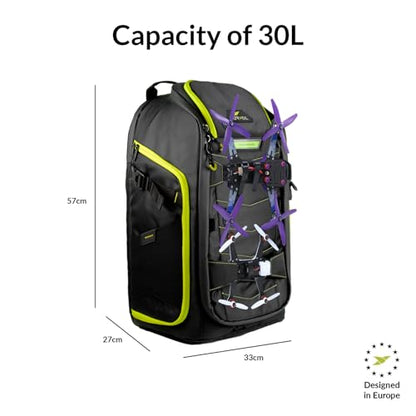 TORVOL - Quad PITSTOP Backpack Pro V2 – FPV Drone Backpack for 4 Quads + Gear, Compatible with DJI Mini 3, DJI Mini 4 Pro, Avata, Mavic, Goggles, Laptop, Black & Green, With Rain Cover, 30L