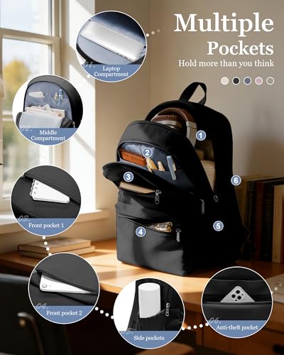 Lightweight School Backpack for Women Men, Multi Pocket Backpack for College Students, Waterproof Middle School Bags, Simple Bookbag for Teens Girls Boys, Black - color: Black