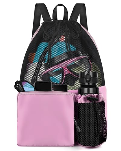 BROTOU Swim Bag Beach Backpack with Wet Pocket Mesh Drawstring Bags for Swimming, Gym - color: Pink