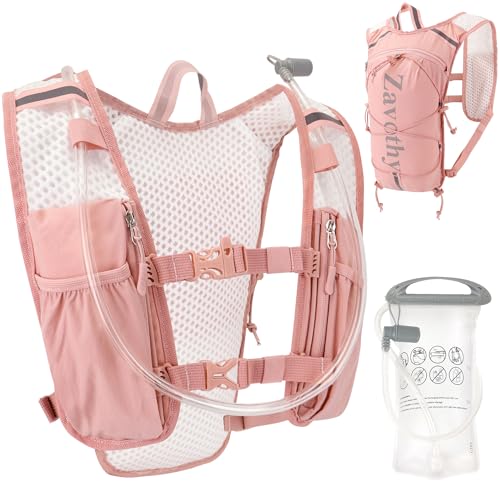 Zavothy Hydration Backpack with 1.5L Water Bladder, Lightweight Water Backpack for Women, Hydration Pack with Rain Cover for Running Hiking Cycling Festival, Reflective Bounce-Free Fit - color: Pink