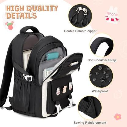 DIGOBAY 3PCS Girls Backpack for School, Large Kids Backpack for Girls with Lunch Box Pencil Case Set for Teen Girl Elementary Primary Middle High College School Bookbag with Cute Pins (Black-beige) - color: Black-beige