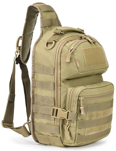AMHEH 15L 1050D Urban Tactical Sling Bag for Men 12 Inch Laptop, Tan | MOLLE Crossbody One Strap Shoulder Backpack, Everyday Carry, Commuting, Walking, Cycling, Motorcycle Riding, Day Trip, Travel - color: Tan
