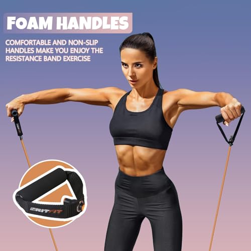 RitFit Single Resistance Exercise Band with Comfortable Handles - Ideal for Physical Therapy, Strength Training, Muscle Toning - Foam Padding Door Anchor and Starter Guide Included - size: 12-16lbs