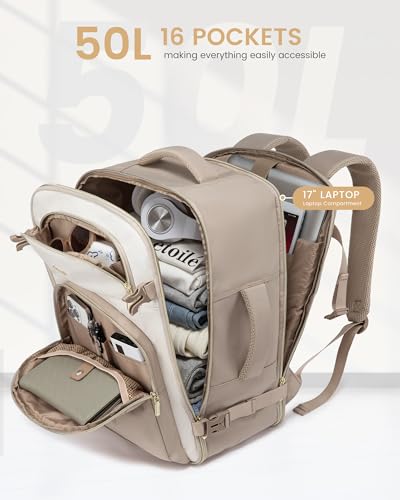 LOVEVOOK Travel Essentials Carry on Backpack 50L Travels Backpack for Women,Waterproof TSA Personal Item Travels Bag Airline Flight Approved,Large Carry on Luggage Laptop Backpack with Packing Cubes - color: Khaki - Beige White - Light Mud, size: X-Large-