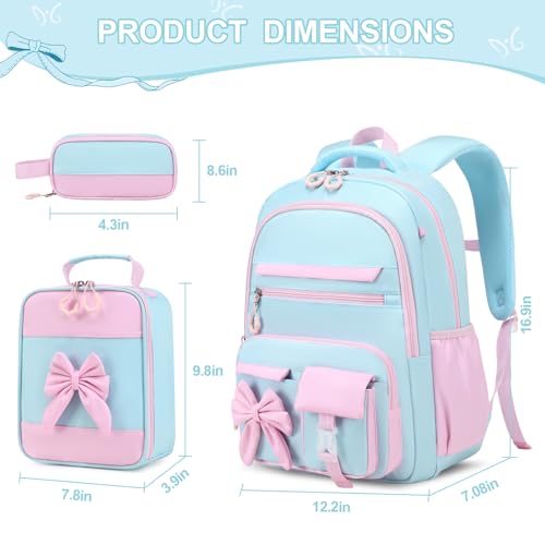 DIGOBAY Backpack for Girls, 3PCS Girls Backpack for School with Lunch Bag Pencil Case, Cute Kids Teens Bookbag for Kindergarten Elementary Preschool Middle School - color: Blue-green-pink