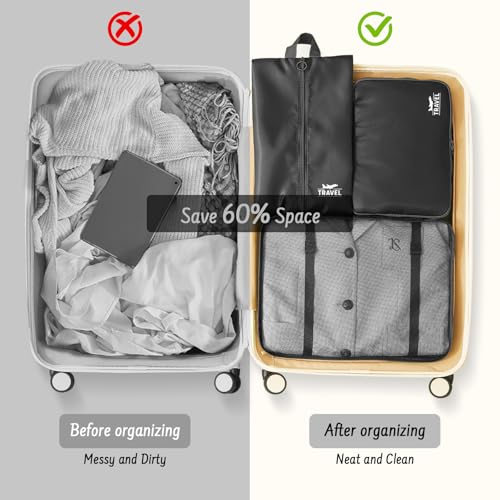 9 Set Packing Cubes for Travel Essentials - Lightweight Carry-On Luggage Organizer Bags with Shoe, Clothes & Laundry Bags for Airplane, Family & Business Travel, Black - color: Black