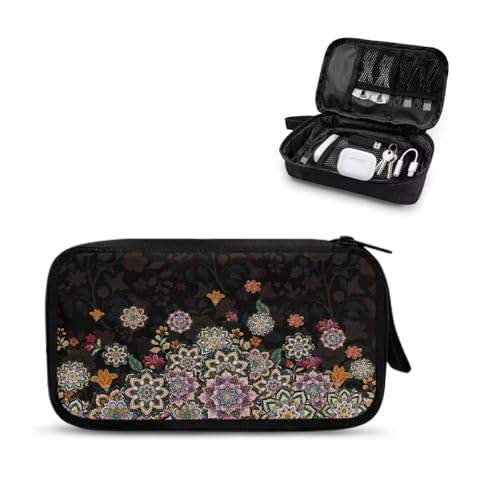 Boho Flower Print Electronic Organizer Travel Universal Accessories Storage Bag Portable for Hard Drives, Cables, Memory Sticks, Charger, Phone, USB, SD Cards - color: Boho Flower Print