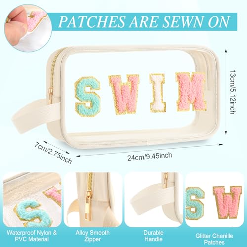 Kacctyen Letter Clear Makeup Bags Swim Pouch Cute Preppy Patch Clear Travel Bag with Zipper Small Chenille Nylon Cosmetics Waterproof Sandproof Bags Toiletry Storage Snack Sunscreen Pouch for Women - color: White, style: Swim