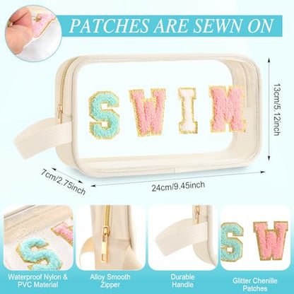 Kacctyen Letter Clear Makeup Bags Swim Pouch Cute Preppy Patch Clear Travel Bag with Zipper Small Chenille Nylon Cosmetics Waterproof Sandproof Bags Toiletry Storage Snack Sunscreen Pouch for Women - color: White, style: Swim