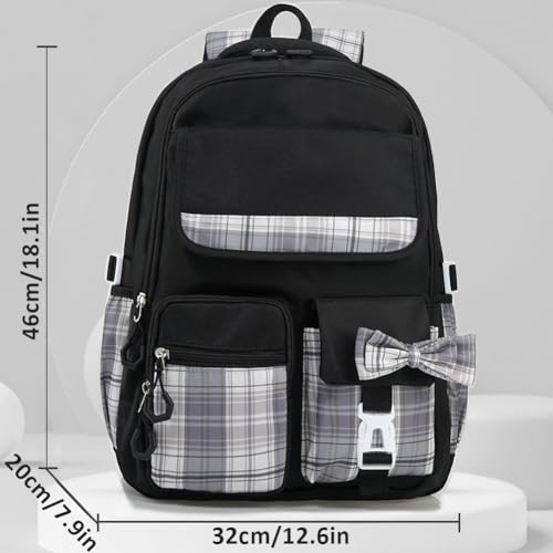MCWTH Checkered Backpack for Teen Girls, Kawaii Cute Kids Elementary Student School Backpacks (Bow Black) - color: Checkered Black