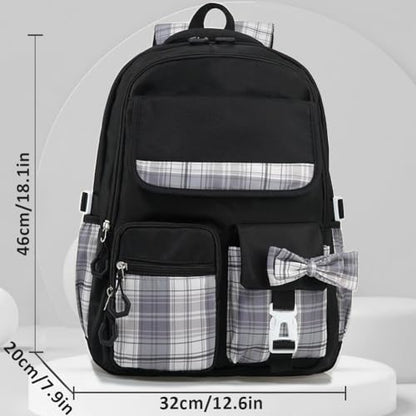 MCWTH Checkered Backpack for Teen Girls, Kawaii Cute Kids Elementary Student School Backpacks (Bow Black) - color: Checkered Black