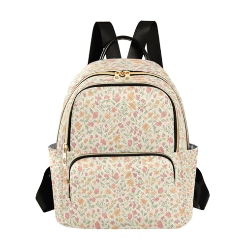Soft Tulip Meadow Lightweight Casual Backpack for Women, Quilted Full Print Daypack with Leather Handle and Multiple Pockets, Fashion Travel Laptop Backpack for Work and Daily Use