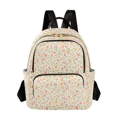 Soft Tulip Meadow Lightweight Casual Backpack for Women, Quilted Full Print Daypack with Leather Handle and Multiple Pockets, Fashion Travel Laptop Backpack for Work and Daily Use