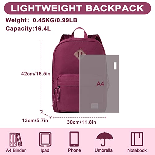 RAVUO School Backpack, Lightweight Classic Bookbag Casual Daypack for Men Women - color: Burgundy