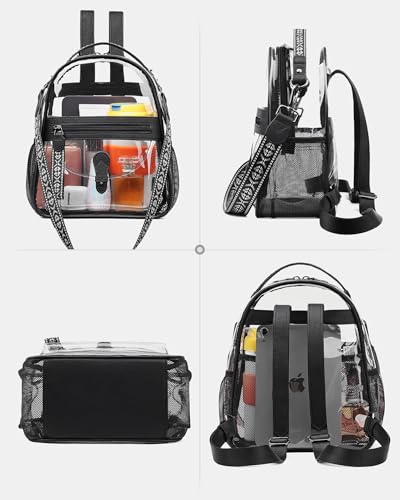 FADEON Clear Small Backpack Purse for Women, Designer Transparent Shoulder Handbag, PVC Mini Clear Bag for Stadium Approved - color: Black Retro Style