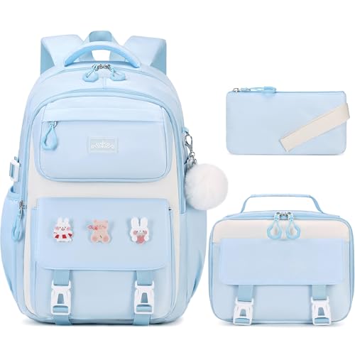 DIGOBAY 3PCS Girls Backpack for School, Kids Backpack for Girls with Lunch Box Pencil Case Set for Teen Girl Elementary Primary Middle High College School Bookbag with Cute Pins (Blue) - color: Blue