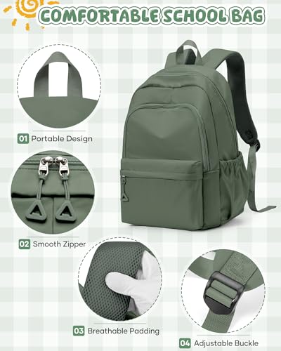 winspansy Backpack for School Teenage Girls Boys,Waterproof Lightweight School Bags Travel Daypack Simple Cute College Backpack Rucksack for Women Men fit 14 Inch Laptop,Army Green - color: A2-army Green