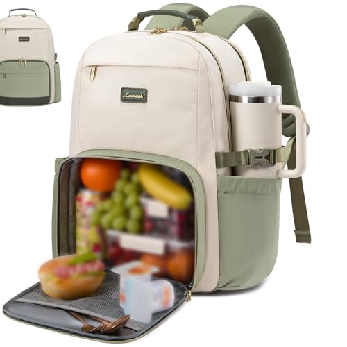 LOVEVOOK Lunch Backpack with Lunch Compartment,15.6 Inch Laptop Work Travel Insulated Cooler Backpack,Waterproof College Teacher Lunch Bag Box,Gifts for Men Women,White-Bean Green-Dark Olive Green - color: White - Bean Green - Dark Olive Green, size: 15.6