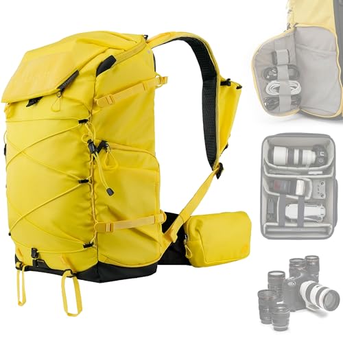 LEOFOTO 35L Camera Backpack for Photographer, Lightweight Waterproof Travel Camera Bag for Camera/Drone/15.6" Laptop, Photopraphy Bag with Side Access & Rain Cover, Tripod Compatible, 2.95KG (YELLOW) - color: 35l-bag+large Insert-yellow