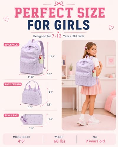 CAMTOP Girls Backpack with Lunch Box Set, Cute Bow School Backpack for Kids, 3-in-1 Lightweight Lunch Bag and Pencil Pouch - color: Purple Heart Bow