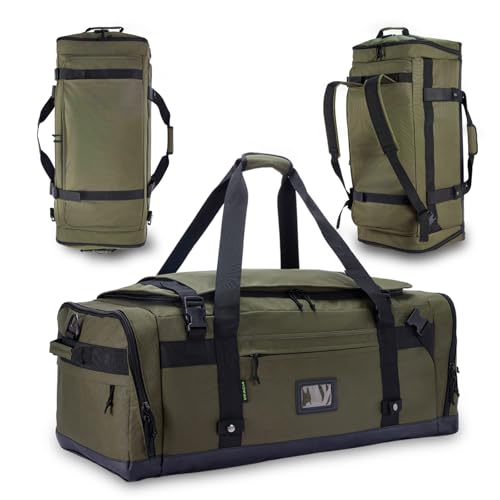 Large Duffle Bag for Travel - Men & Women, Foldable Gym Duffle Backpack, Heavy Duty Tactical Military Canvas Duffel Bags, Extra Big Carry On with Shoe Pockets, Waterproof (80L/103L) - color: Army Green, size: M(80L)
