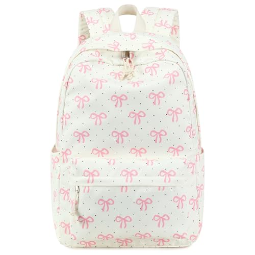 Bluboon School Backpack for Teen Girls Women Laptop Backpack College Bookbags Middle School Travel Work Commuter Back Pack - color: Pink Bow Beige