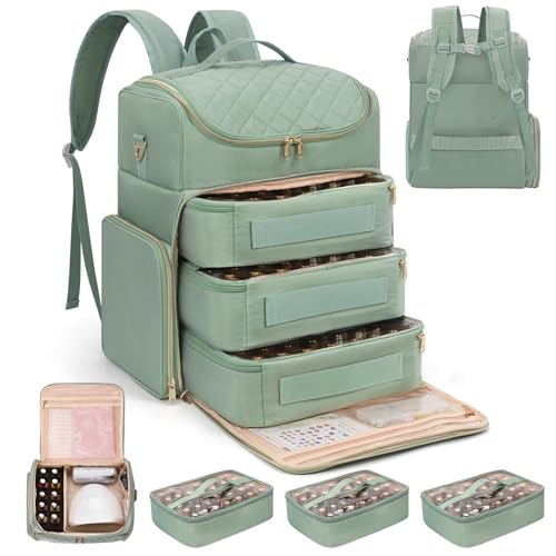 Extra Large Nail Polish Organizer Backpack, Holds 124+ Bottles & Full Size Lamp, Travel Nail Organizers and Storage Bag with 3 Removable Pouches, Portable Nail Supplies Case (Rhombus Green, 124 Slots) - color: Rhombus Green