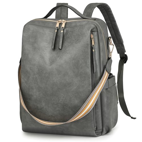 Dora & Liz Laptop Backpack for Women, Leather Travel Backpack with 15.6 Inch Laptop Compartment, College Work Computer Bag - color: Grey