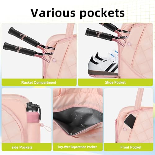YEEGO DIRECT Tennis Bags for Women, Tennis Backpack Pickleball Racket Bags,Water-Resistant Sling Tote Padel Bag for Pickleball Tennis Badminton, Cute Gifts for Women Girl, Duffle Bag Gym Travel - color: PINK