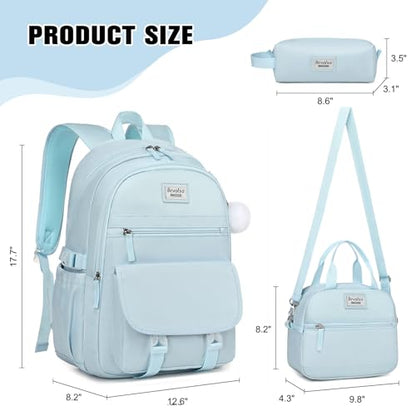 Bevalsa Backpack for Girls, 3PCS School Backpacks with Lunch Box - color: Blue, size: 15.6 inch