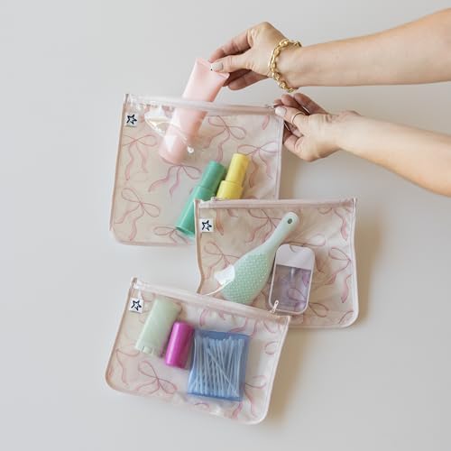 Tiny Twinkle Diaper Bag Organizing Pouches|3 Pack Mess-Proof Clear Front Travel Organizer Bags&TSA Approved Toiletry Bag Set for Baby and Mom Essentials - color: Bows