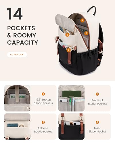 LOVEVOOK School Backpack for Teen Girls, Waterproof Travel College Bookbag for Middle High School with Large Cup Holder & Pencil Case, Fits 15.6'' Laptop, Cute Aesthetic Kids Student Backpack - color: Black Cream Brown