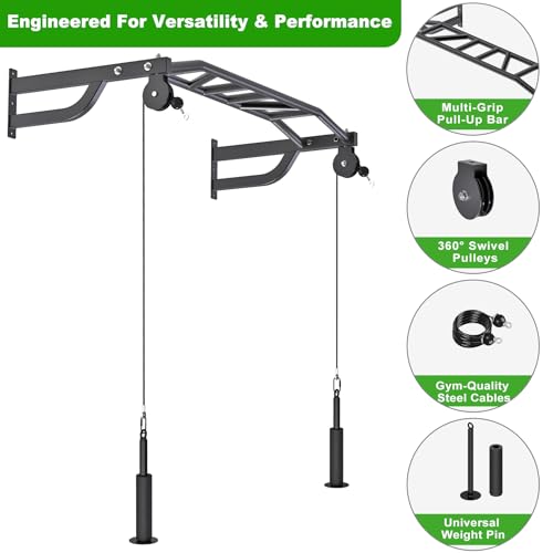 SELEWARE 48'' Heavy Duty Pull Up Bar Wall Mount Multi-function Chin up Bar with Home Gym Cable Pulley System LAT Pulldown Workout Attachments Heavy Bag Hanger - color: C. Black Pull Up Bar with Cable Pulley System