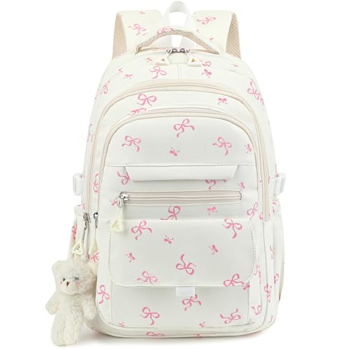 PRLINJSK Girls Backpack for College High Middle School Student, Cute Aesthetic Bookbag for Teens Women with Accessories, Beige Bow - color: Bow Beige, size: 17.5 Inch