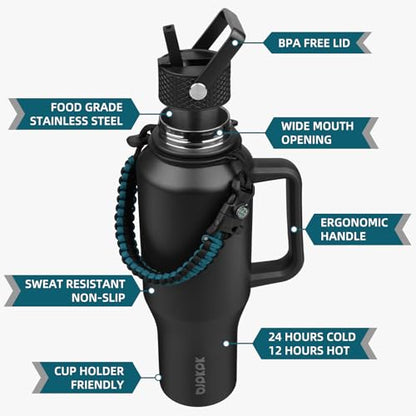 BJPKPK Insulated Water Bottles with Straw Lid, 35oz Metal Water Bottle with 2 lids & Paracord Strap, Double Wall Stainless Steel Tumbler with Handle, Reusable Cups, Mugs, Thermo, Black - color: Black, style: 35oz-Side Handle