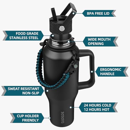 BJPKPK Insulated Water Bottles with Straw Lid, 40oz Metal Water Bottle with 2 lids & Paracord Strap, Double Wall Stainless Steel Tumbler with Handle, Reusable Cups, Mugs, Thermo, Black - color: Black, style: 40oz-Side Handle