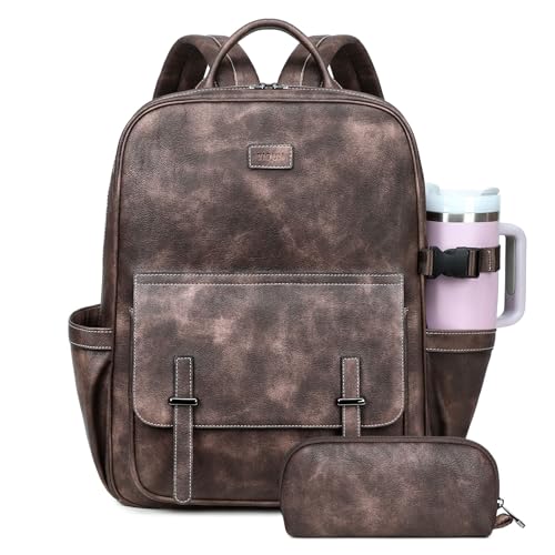 Vegan Leather Laptop Backpack for Women Designer 15.6 Inch PU Laptop Bag, Ladies Travel Computer Work Backpack - color: Two-toned Coffee