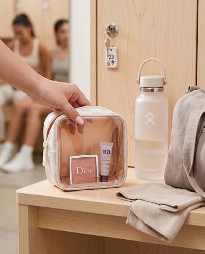 Clear Checkered Makeup Bag, Small Cosmetic Pouch with Zipper Mini Waterproof Makeup Purse Organizer Cute Cosmetic Bag Travel TSA Approved Toiletry Bag Car Organizer for Women Girls (Beige) - color: Beige