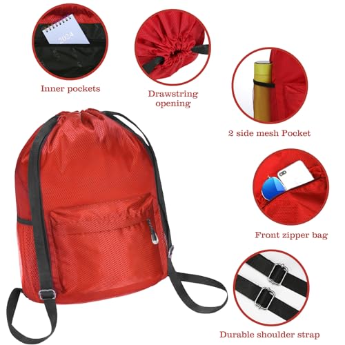 Waterproof Drawstring Bag, Lightweight String Backpack with Water Bottle Holder and Pockets, Gym Sports Cinch Sackpack (Red) - color: Red