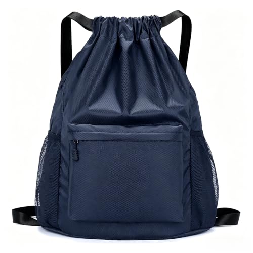 Tygelluis Drawstring Backpack, Waterproof Gym Bag with Water Bottle Pocket for Women Men, Pull String Sport Bag for Swim, Soccer and Basketball,Navy - color: Navy1