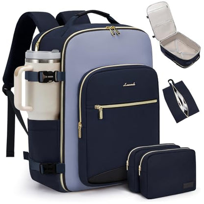 LOVEVOOK 40L Travel Backpack for Women & Men, Airline Approved Carry On Luggage with 3 Packing Cubes, TSA Overnight Bags, Waterproof Personal Item Bag, Weekender Essentials Backpacks fits 17" Laptop - color: Ink Blue-grey Blue-black, size: Large