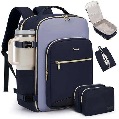 LOVEVOOK 50L Travel Backpack for Women & Men, Airline Approved Carry On Luggage with 3 Packing Cubes, TSA Overnight Bags, Waterproof Personal Item Bag, Weekender Essentials Backpacks fits 17" Laptop - color: Ink Blue-grey Blue-black, size: X-Large