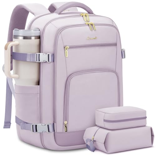 LOVEVOOK Travel Backpack For Women, 40L Carry On Backpack Flight Approved, TSA Personal Item Travel Bag Fits 17 Inch Laptop, Business Weekender Overnight Waterproof Daypack With 2 Cubes, Light Purple - color: Light Purple, size: 40l-17.3 Inch-3pcs