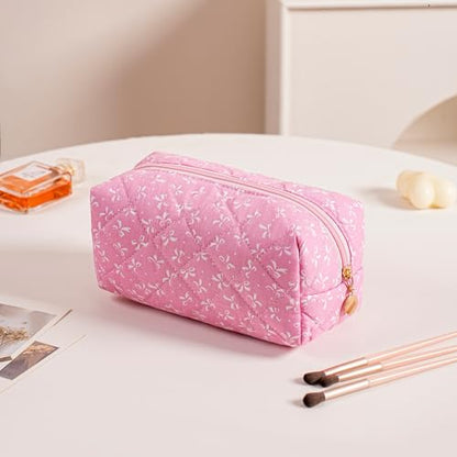 Cute Floral Makeup Bag Small Cotton Quilted Cosmetic Bag, Aesthetic Essential Bag Emergency Bag Gift for Women Girls Travel Accessories (Pink) - color: Pink