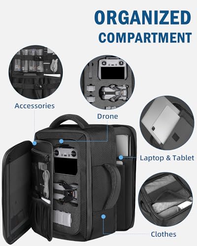 PEKREWS Mini 5 Pro Case, Expandable Carry On Bag for DJI RC 2/ RC-N3 Controller, Large Capacity Mini 5 Pro Backpack Fits 17.3 Inch Laptop and Fly More Combo, Travel Drone Carrying Case for Accessories