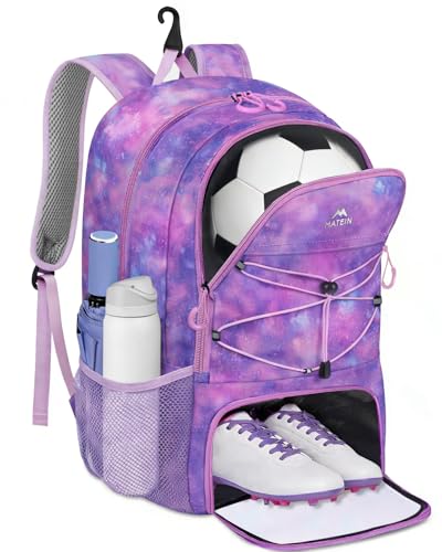 MATEIN Girls Soccer Backpack, Large Basketball Bag with Ball Holder & Shoe Compartment for Tournament & Game Day, Lightweight Youth Sports Bag with Fence Hook Fits 15.6 Inch Laptop, Soccer Team Gifts - color: Star Purple