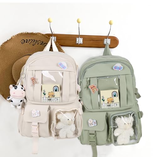 Kawaii Backpack with Cute Bear Plush Kawaii Pin Accessories Large Capacity Aesthetic School Bags Cute Bookbag for Girls Teen(Simple, Army Green) - color: Army Green