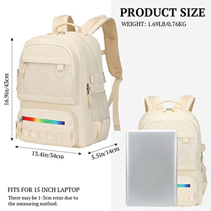 Lanola Backpack for Men Women Classic Water-resistant Lightweight Travel School Backpack Casual Daypack Laptop Backpack Fit 15.6 Inch - Beige - color: Rainbow Zipper-beige
