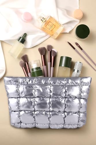 Puffy Quilted Makeup Bag, Cosmetic Travel Pouch for Women, Silver - color: Silver